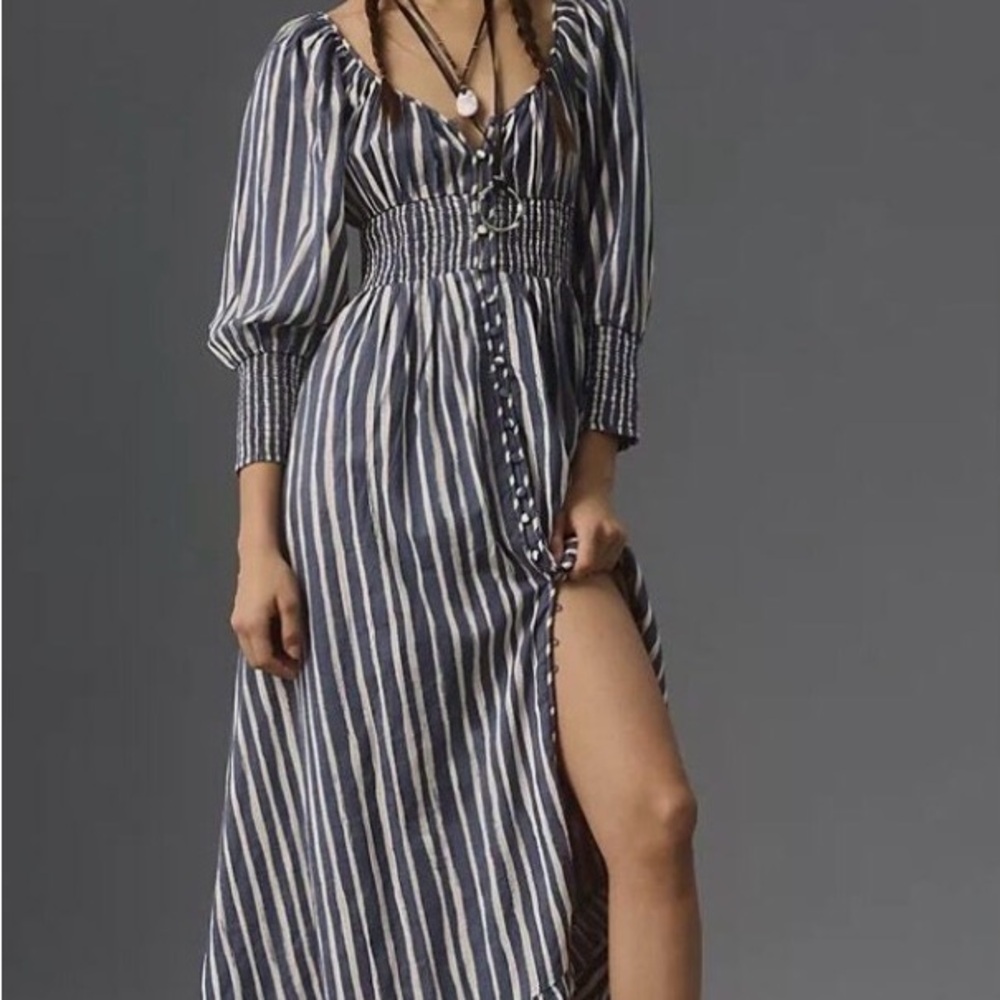 Anthropologie Navy and White Striped Long-Sleeve Maxi Dress